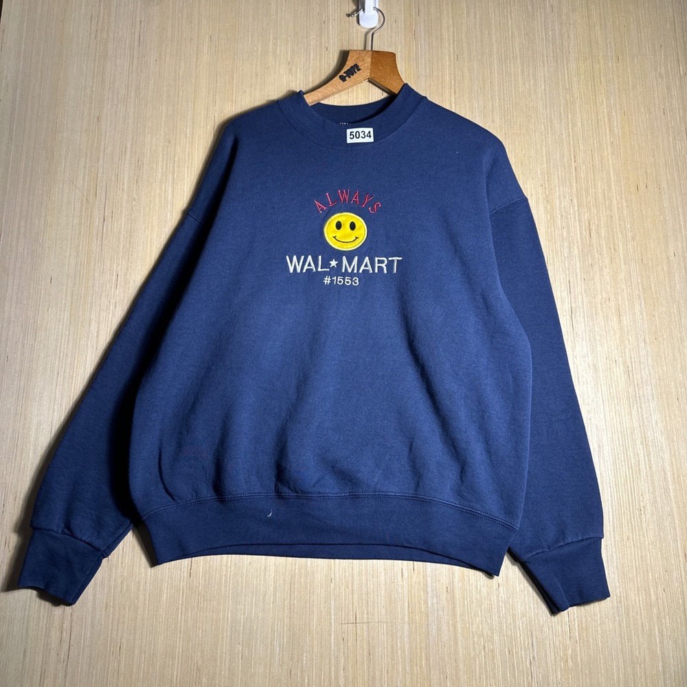 Vintage Walmart Sweatshirt Mens Large Blue 90s Always Smiley Face Crewneck